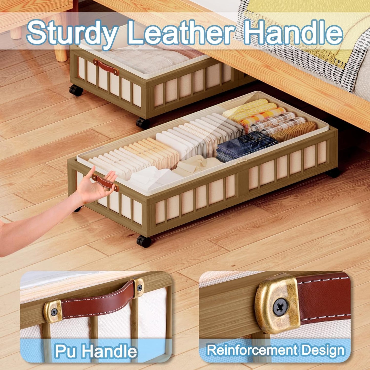 efluky 2-Pack Bamboo Under Bed Storage with Wheels, Rolling UnderBed Storage Basket with Large Dust Bag, Under Bed Storage Containers for Bedroom, Dorm and Basement, Brown