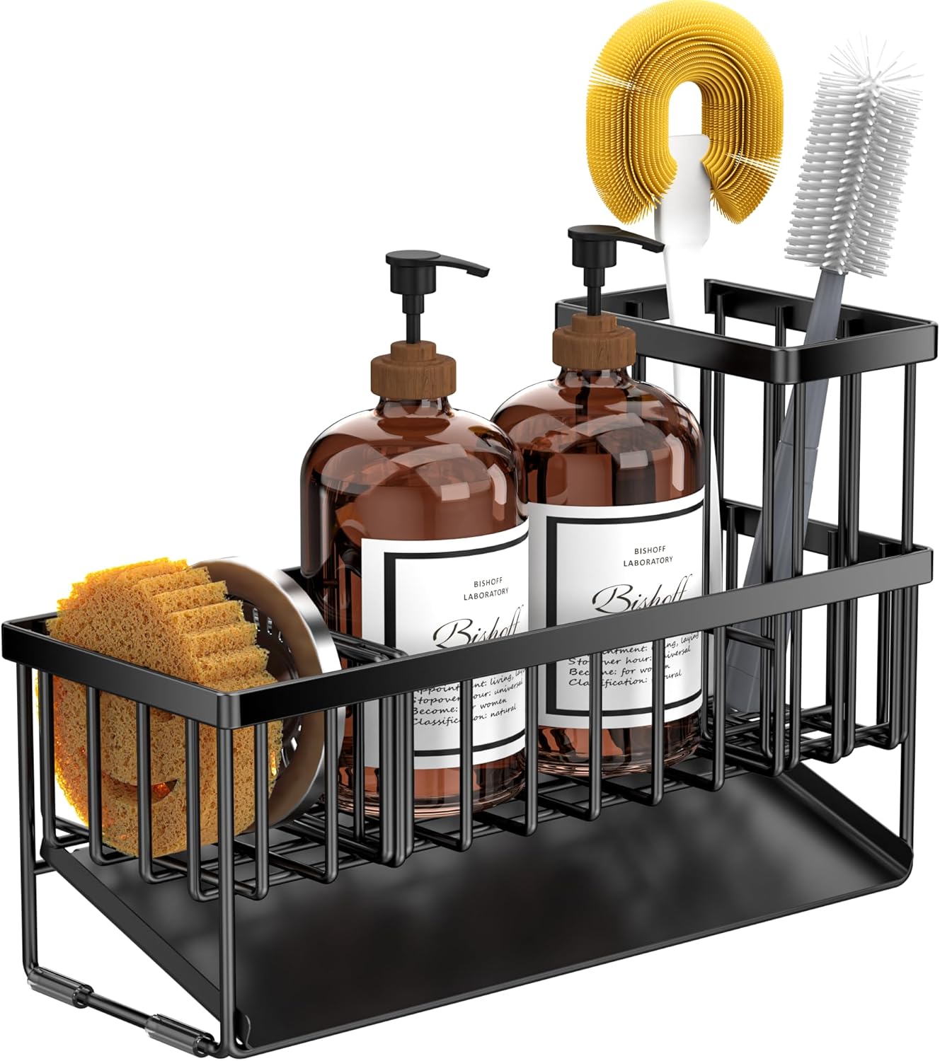 Cisily Extra Large Kitchen Sink Caddy Organzier with High Brush Holder, Sponge Holder for Sink, 304 Rustproof Stainless, Kitchen Countertop Soap Dispenser Organizer For Decor and Accessories