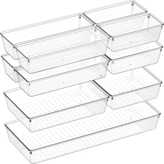 Criusia 11 PCS Clear Plastic Drawer Organizer Set - 5 Large Size Versatile Kitchen and Bathroom Organizer Trays, Non-Slip Storage Bins for Makeup, Utensils, Tool and Office Desk
