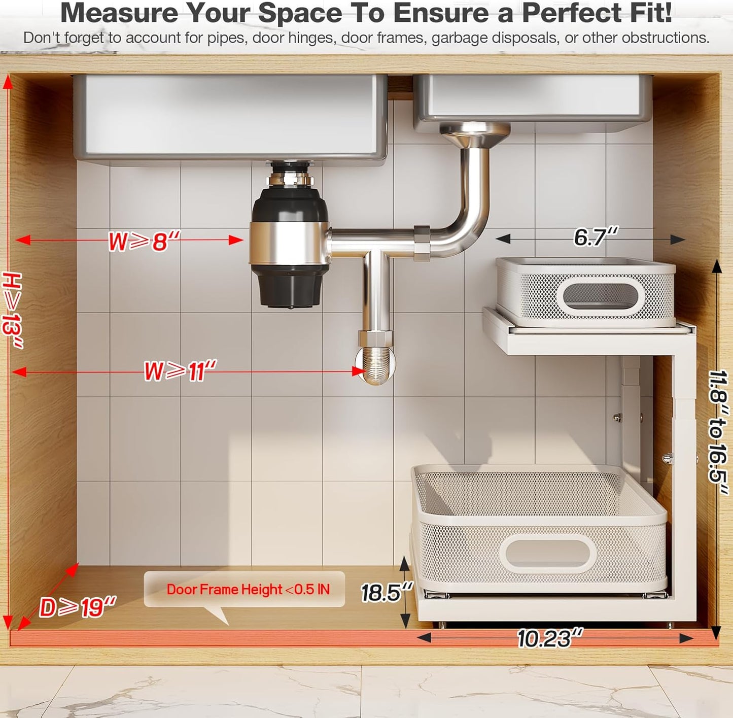 2-Pack 18.5 IN Depth Under Sink Organizer With Next-Gen Ball-Bearing Slides,Sophisticated Mesh 2-Tier Pull Out Shelf for Kitchen & Bathroom,Fits Small Items-White(Patented)