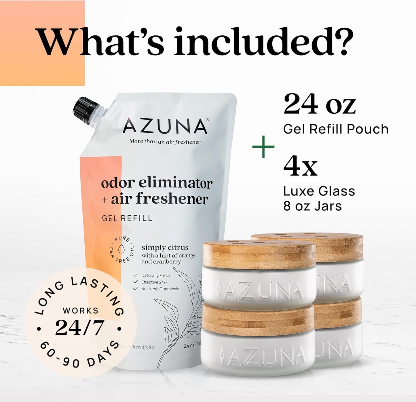 Azuna Air Freshener & Odor Eliminator for Strong Odor | 4 Room Kit Includes (4) Empty Luxe Glass Jar & 24oz Gel Refill with Tea Tree Essential Oil | Simply Citrus | Last 60-90 Days