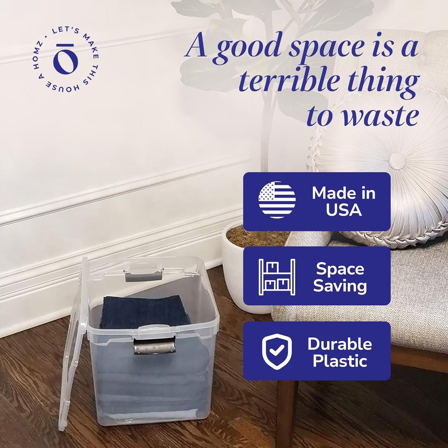 HOMZ 4-Pack Latching Lid, Large Clear Plastic Storage Bins with Lids, 31 Quart, Gray Latch - Stackable Container Boxes for Home, Bathroom, and Office Organization