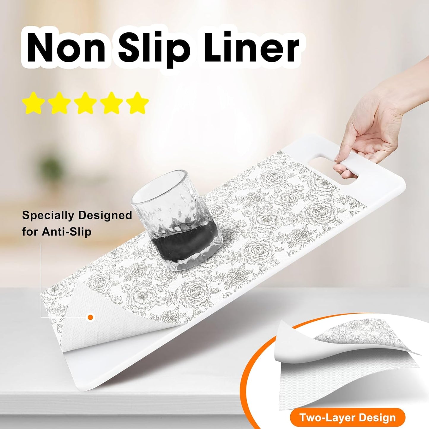 Drawer and Shelf Liner for Kitchen Cabinets Non-Adhesive Cabinet Liners for Shelves Strong Grip Non Slip Waterproof Cupboard Liner for Dresser Refrigerator, Bathroom, Flower,17.5IN X 10FT
