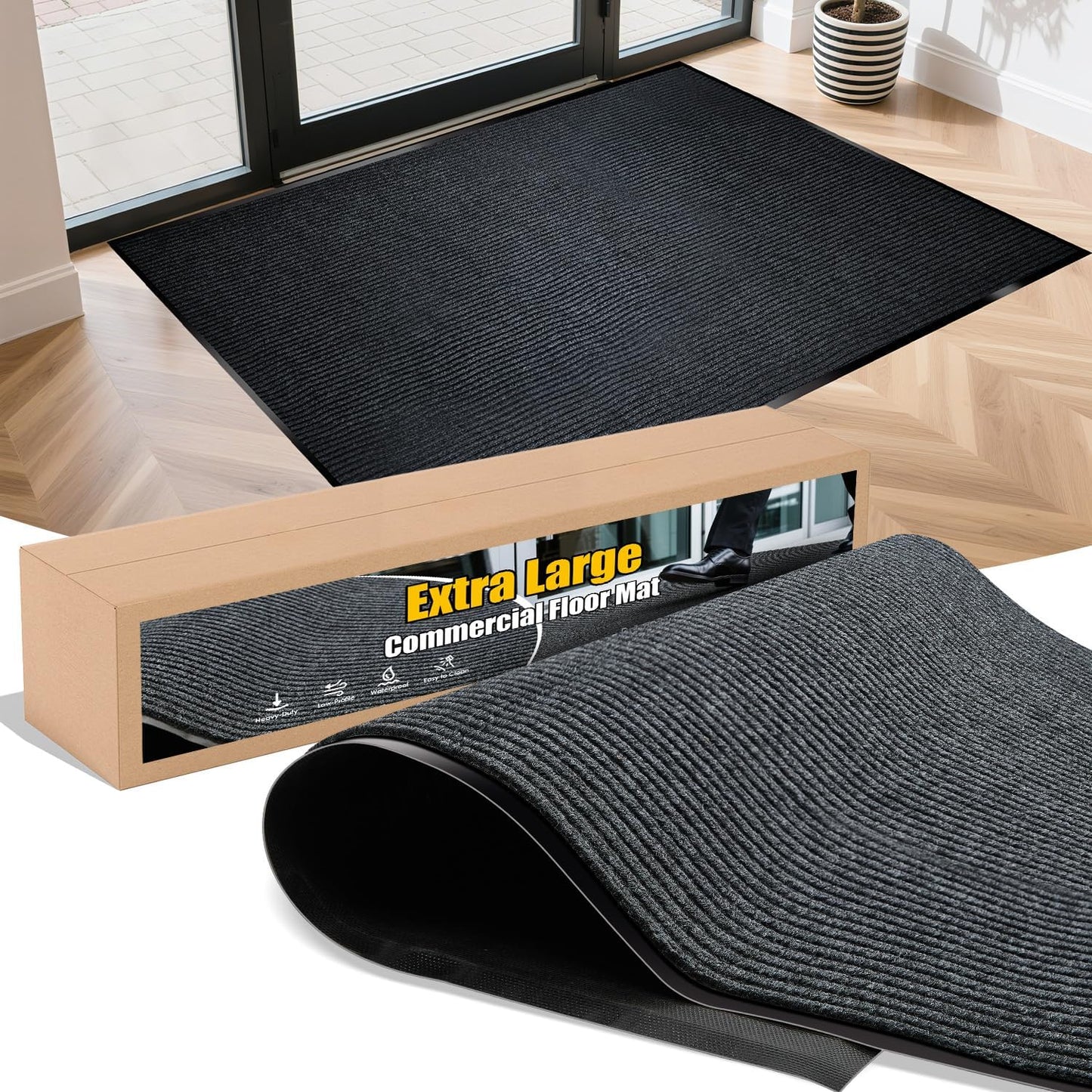 Extra Large Indoor/Outdoor Entrance Mat - 4 x 10 Feet, Rubber Border Door Mat Heavy Duty, Waterproof, Low-Profile, Easy to Clean, Rubber Entry Mat,Commercial Floor Mat, Charcoal Grey