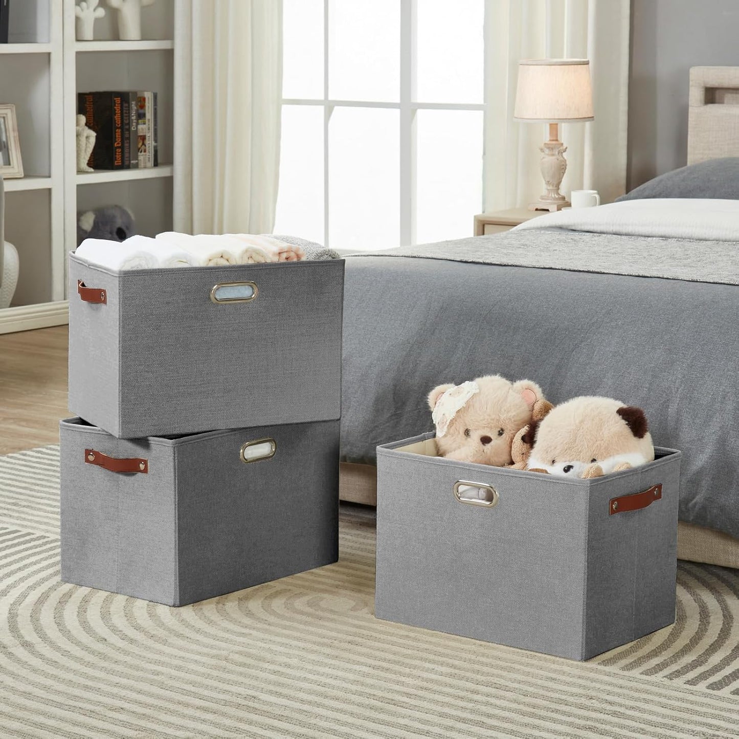 3-Pack Foldable Fabric Storage Bins with Durable PU & Metal Handles, Collapsible Storage Baskets for Shelves, Home Storage, Closet Organizers, Living Room(17"x11.8"x11.8", Grey)
