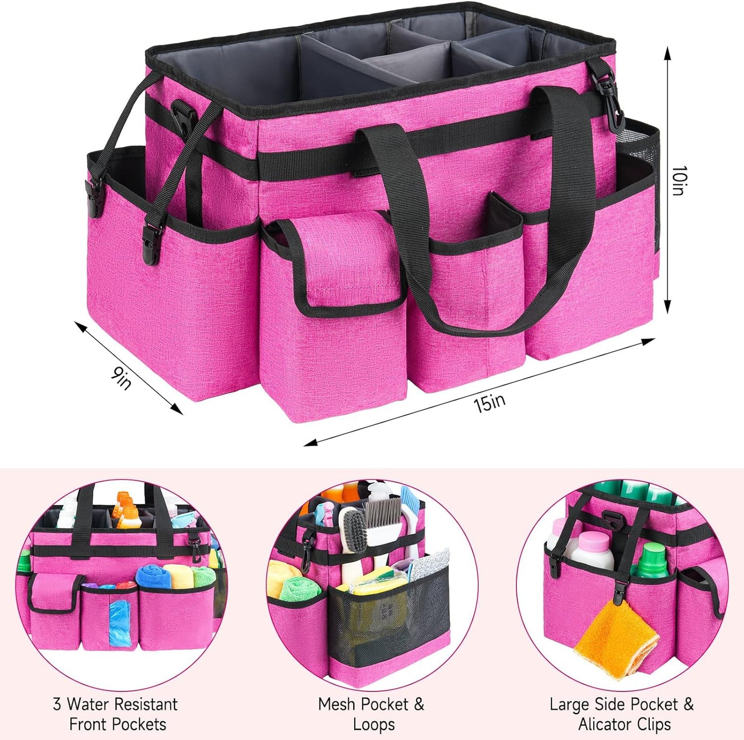 Cleaning Caddy Bag,Large Cleaning Supplies Organizer with Handle for Housekeepers,Red