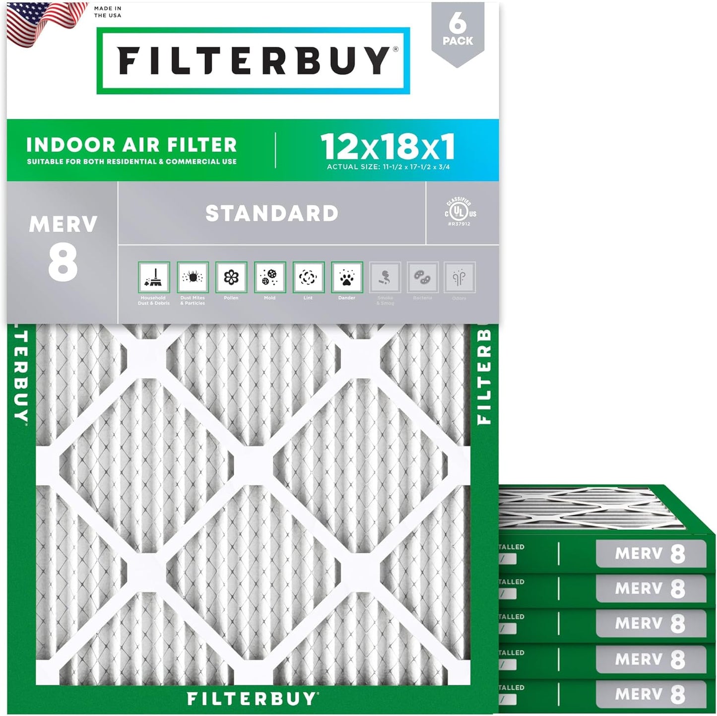 Filterbuy 12x18x1 Air Filter MERV 8 (MPR 700) Dust Defense Replacement (6-Pack), Electrostatic Pleated HVAC AC Furnace Filters, Made in USA (Actual Size: 11.50 x 17.50 x 0.75)