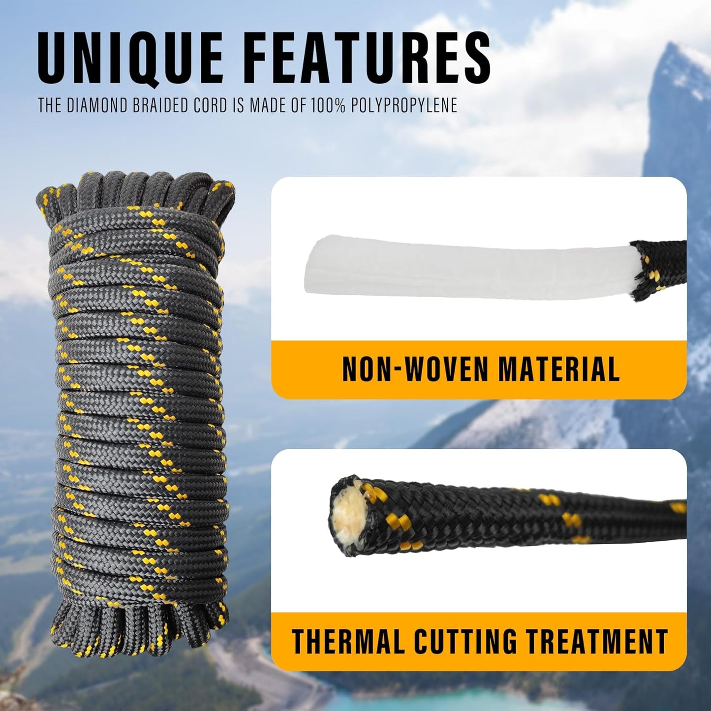 Diamond Braided Polypropylene Rope Nylon Rope Mix Thick Heavy Duty Ropes 3/8'' 50ft High Strength Perfect for Clothesrope Camping Hiking and Other Outdoor Activities Black