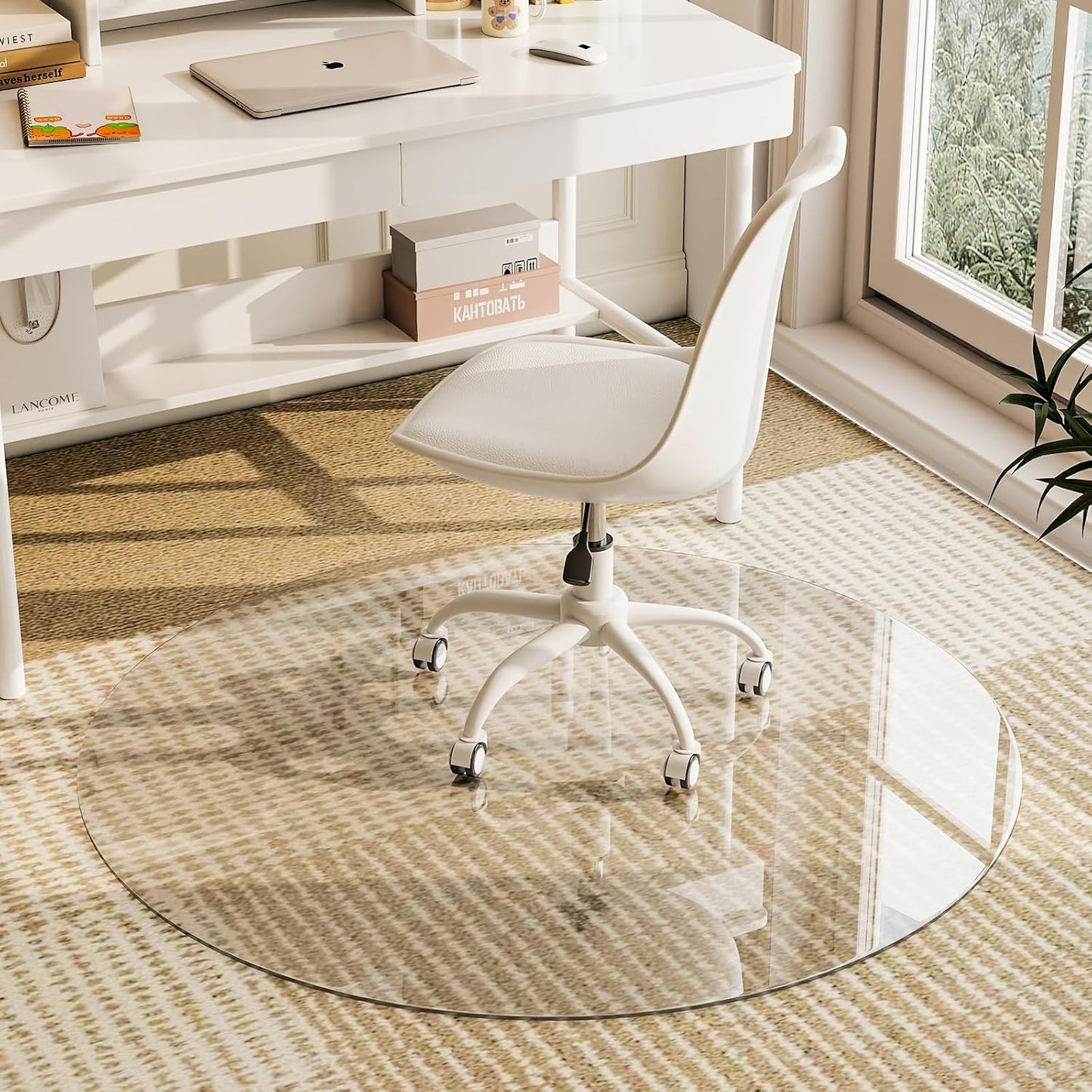 GLSLAND Round Tempered Glass Floor Mat - 55" Office Chair Mat for Carpet Clear Glass Mat 1/5" Thick for Hardwood Floor/Carpeted Floors