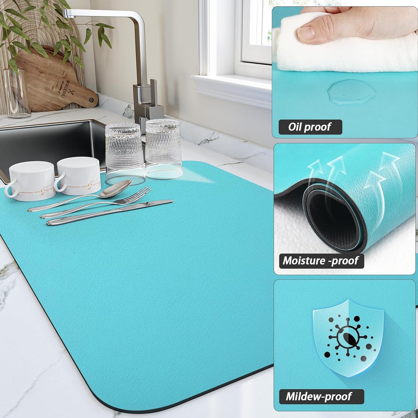 Dish Drying Mat for Kitchen Counter, Heat Resistant Drainer Mats with Non-slip Rubber Backed, Hide Stain Kitchen Super Absorbent Draining Mat, Easy to Clean Dish Rack Pad, Teal 18"x28"