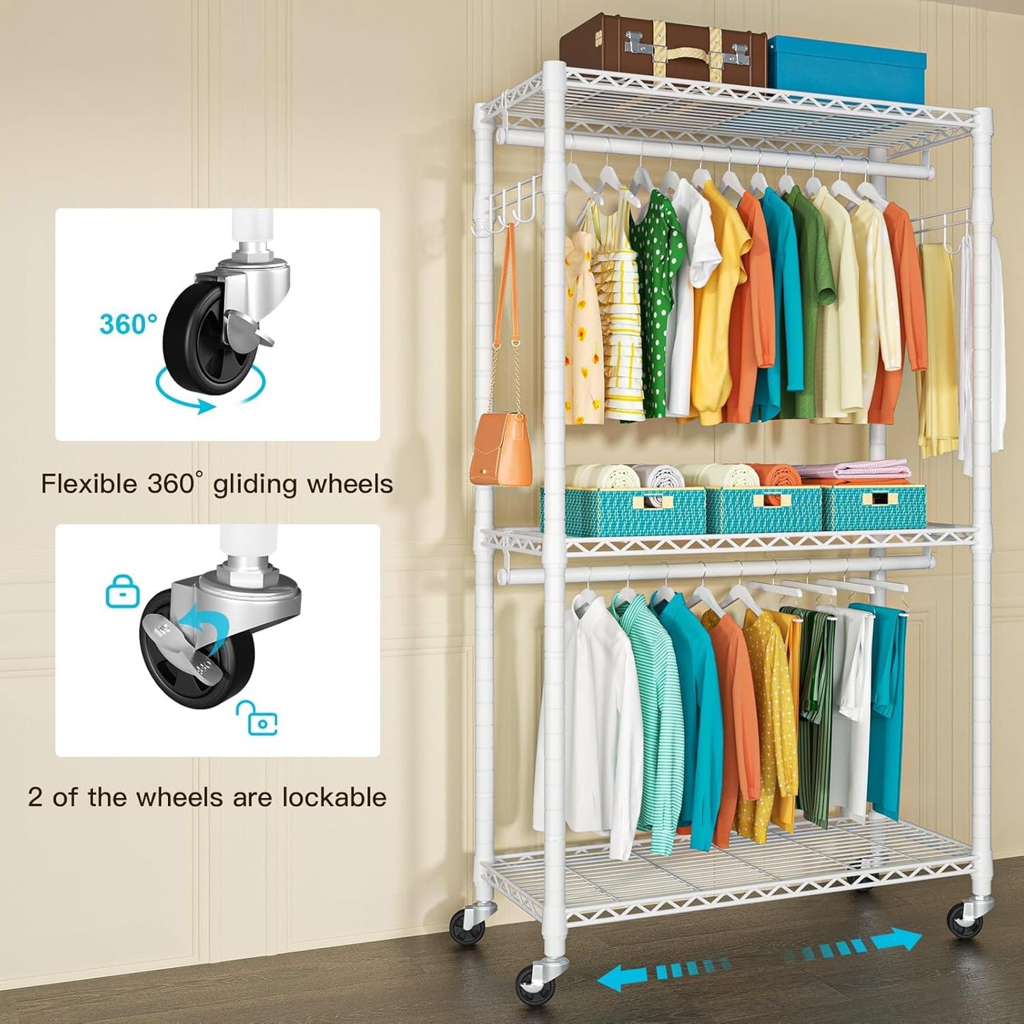 FUTASSI P1 Heavy Duty Garment Rack, 3 Tiers Adjustable Rolling Metal Closet Organizer with Lockable Wheels, FreeStanding Wardrobe with Double Hanger Rods & 1 Pair Hooks, Max Load 450 LBS, White