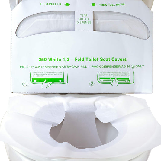 Biodegradable Half-Fold Toilet Seat Covers 500 Pk. Self-Flushing, Disposable Potty Papers Keep Toilets Clean and Family Healthy. Sanitary Paper Safety Covers for Commercial, Home, Travel and Kids Use