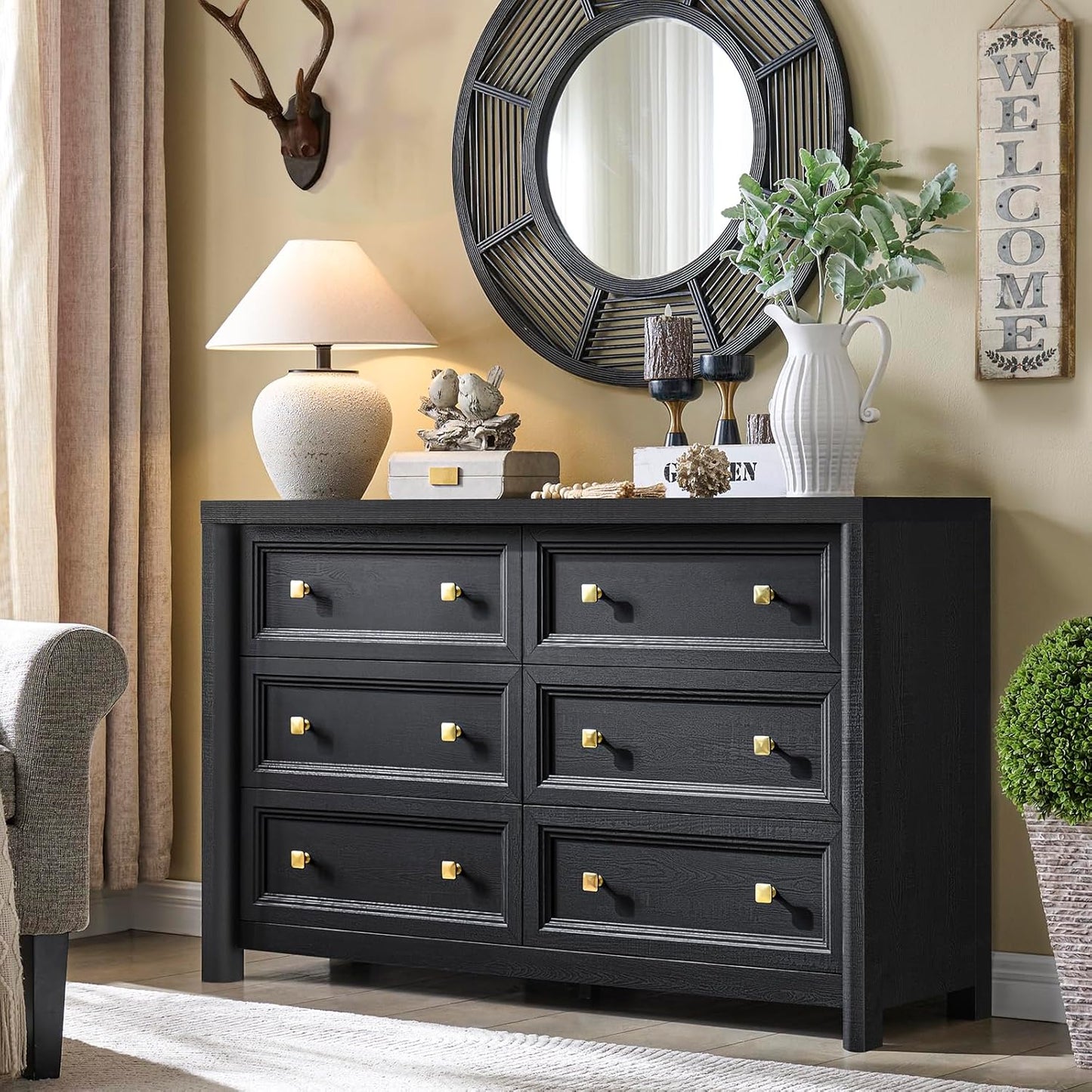 Black Dresser, Farmhouse 6 Drawer Dresser for Bedroom, 52 inch Wide Dressers with Deep Drawers, Vintage Dressers, Solid Wood Chest of Drawers for Bedroom, Nursery