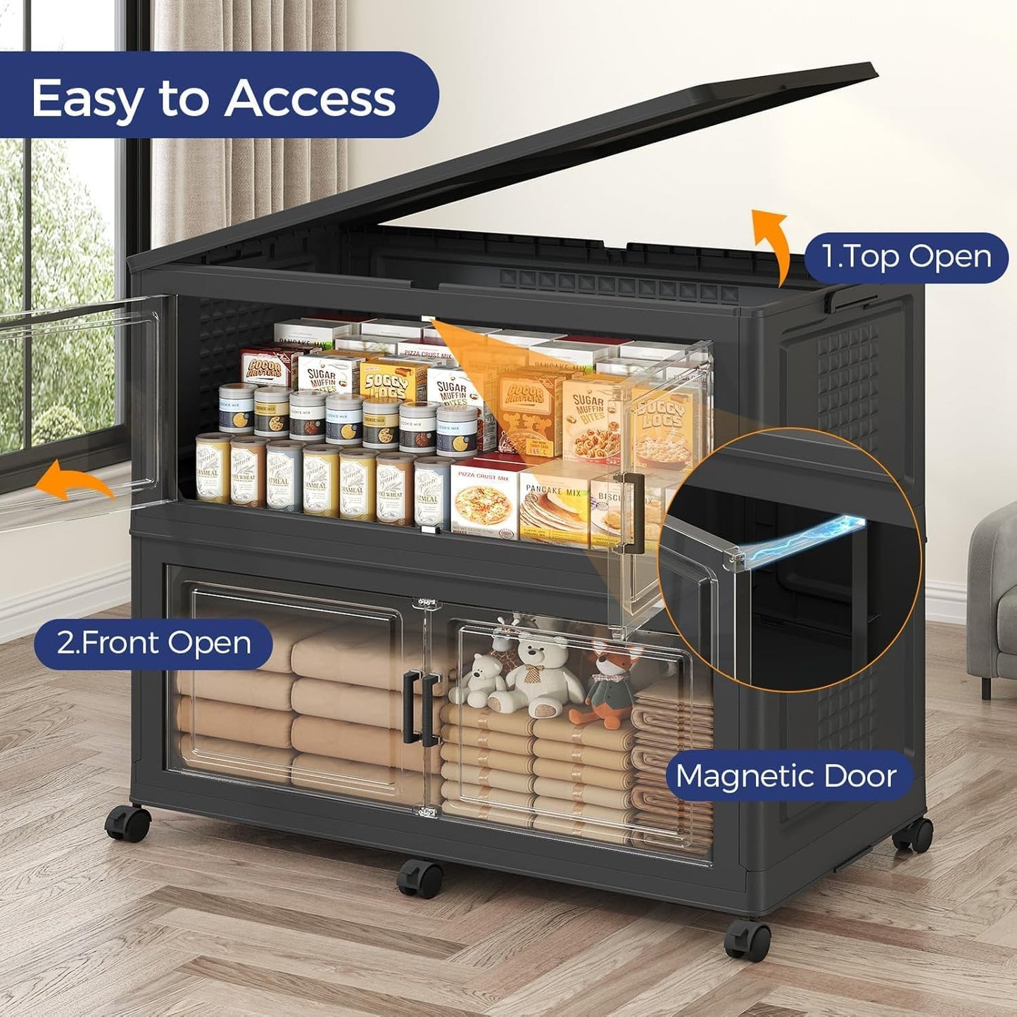 120GAL Extra Large Storage Bins with Lid, 480Qt Stackable Closet Organizers and Drawers, Collapsible Storage Bins with Wheels, Folding Storages Cabinet for Home Bedroom Office, 3Pack Black