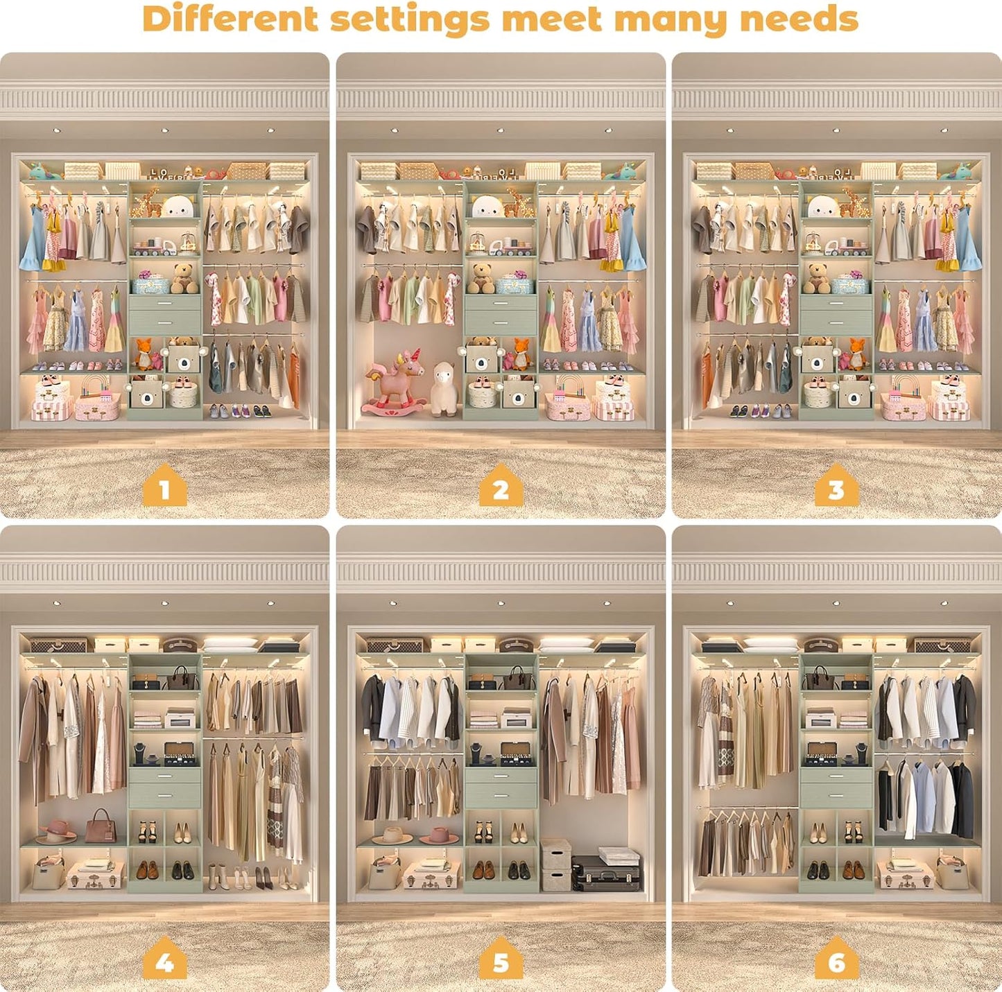 Closet System - 4.75-8FT Closet Organizer System with Wooden Drawers & Cube Storage Organizer, Up To 96" Closet Systems for Nursery & Walk-In Closets with Cuttable Hanging Shelving, Crab Green