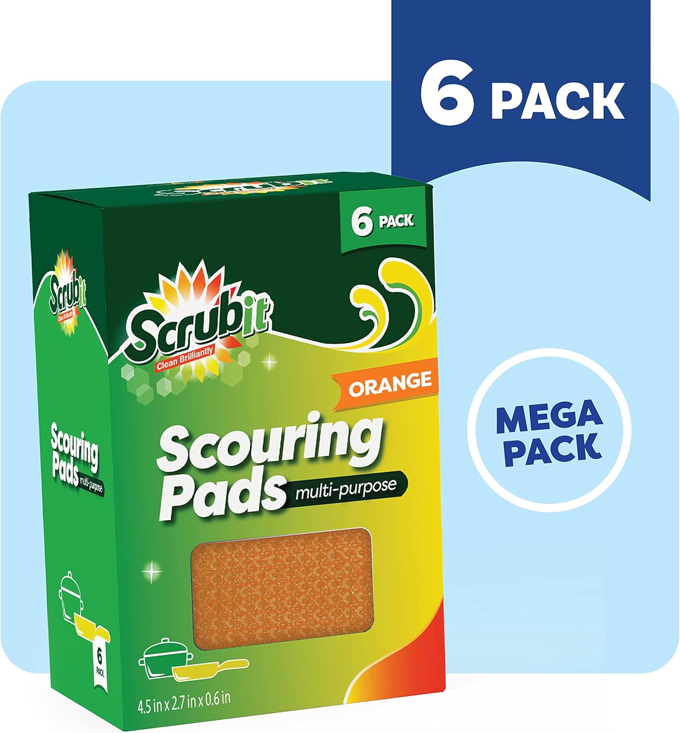 SCRUBIT Multi-Purpose Scouring Pad - Non-Scratch Cleaning Sponges for Pots, Pans, Dishes, Utensils & Non-Stick Cookware - Scrubbing Pads Use for Kitchen, Bathroom - 6 Pack Dish Sponge- (Orange)