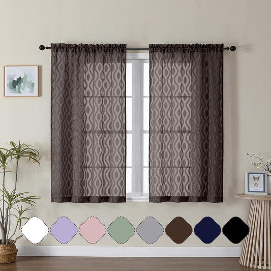Aiyufeng Sheer Brown Curtains 45 Inch Length 2 Panels Set, Farmhouse Clip Jacquard Textured Short Sheer Curtains, Lightweight Chic Wavy Line Window Curtain Panels for Bedroom, 40" Wx45 L Inches