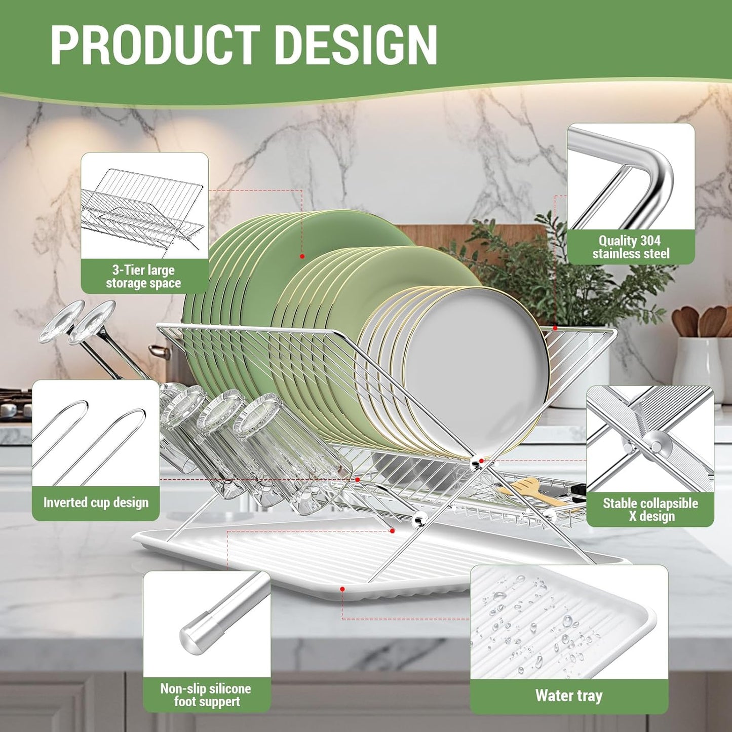 Dish Rack with Drip Tray, Stainless Steel 3-Tier Collapsible Drainer Dish Drying Rack for Kitchen Counter, Sink, Countertop,Cutlery, Dishes Utensils Flatware Holder Set, Reversible Cup Draining Rack