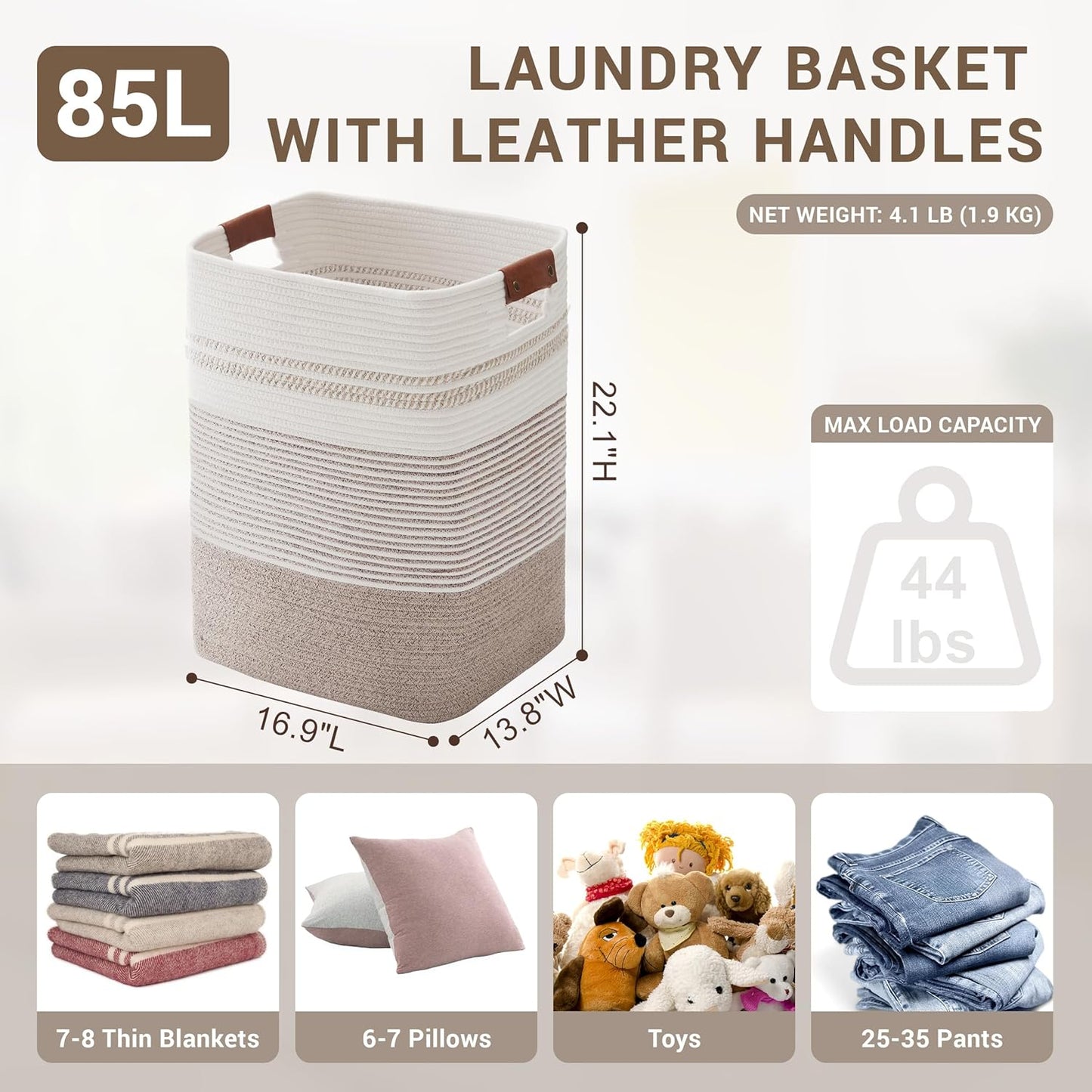 85L Tall Laundry Hamper with Handles for Living Room Storage, Extra Large Woven Rope Baskets Bin for Blanket, Kids Toy, Gifts, Wicker Hamper for Bedroom Dirty Clothes, 17"x14"x22" White Brown