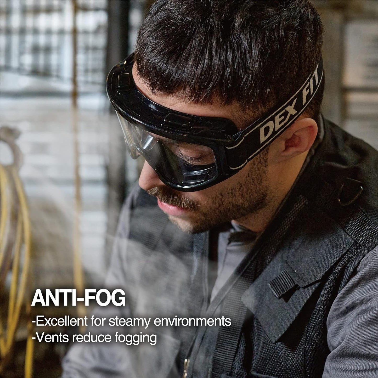 DEX FIT Protective Safety Goggles SG220B; Anti Fog & Scratch, Z87 Eye Protection for Lab, Science, and Chemistry Work, Indirectly Vented, Adjustable for Women and Men, (Black Frame, Clear Lens)