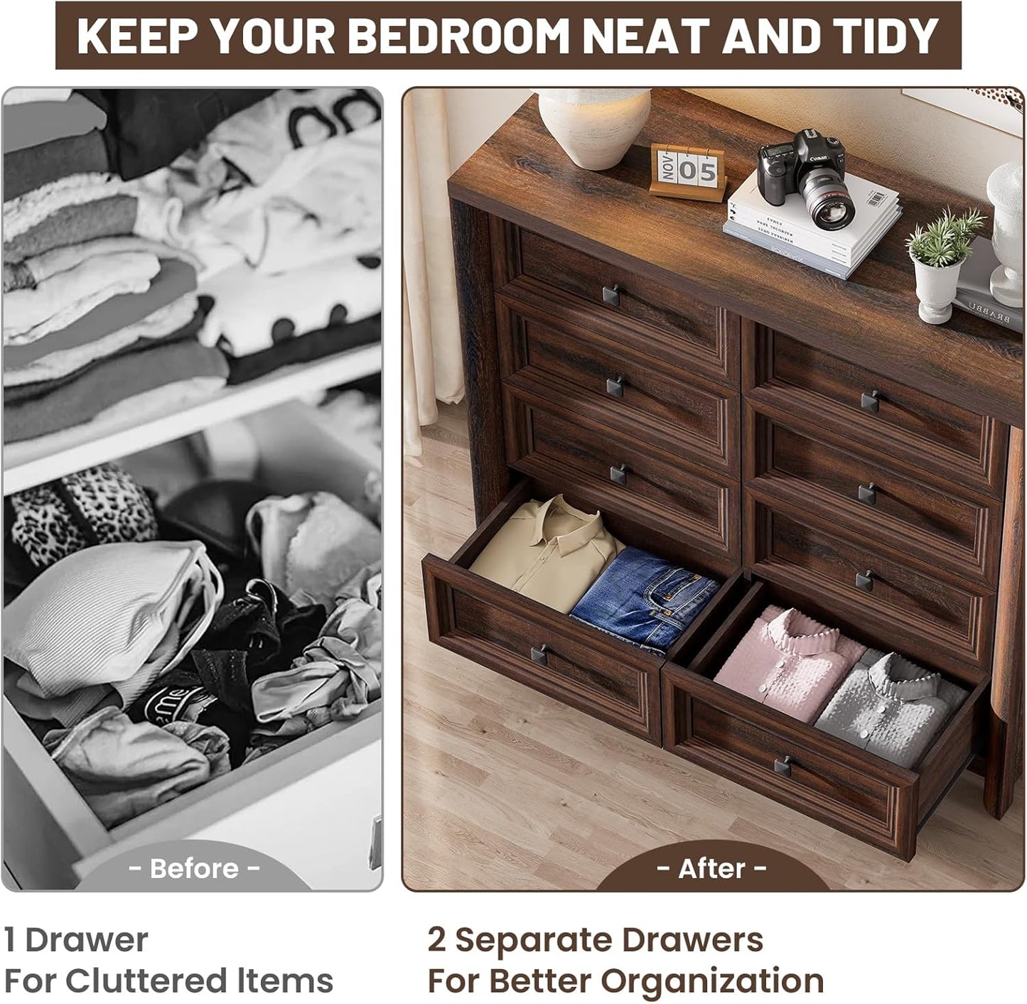 Farmhouse 8 Drawer Dresser for Bedroom, 41" Tall Wood Chest of Drawers, 43.3" Wide Dresser TV Stand, Storage Closet Drawer Organizer for Bedroom, Walnut