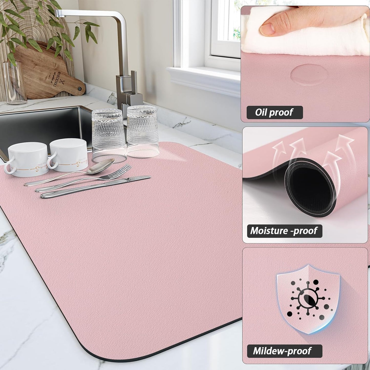 Dish Drying Mat for Kitchen Counter, Heat Resistant Drainer Mats with Non-slip Rubber Backed, Hide Stain Kitchen Super Absorbent Draining Mat, Easy to Clean Dish Rack Pad, Pink 18"x24"