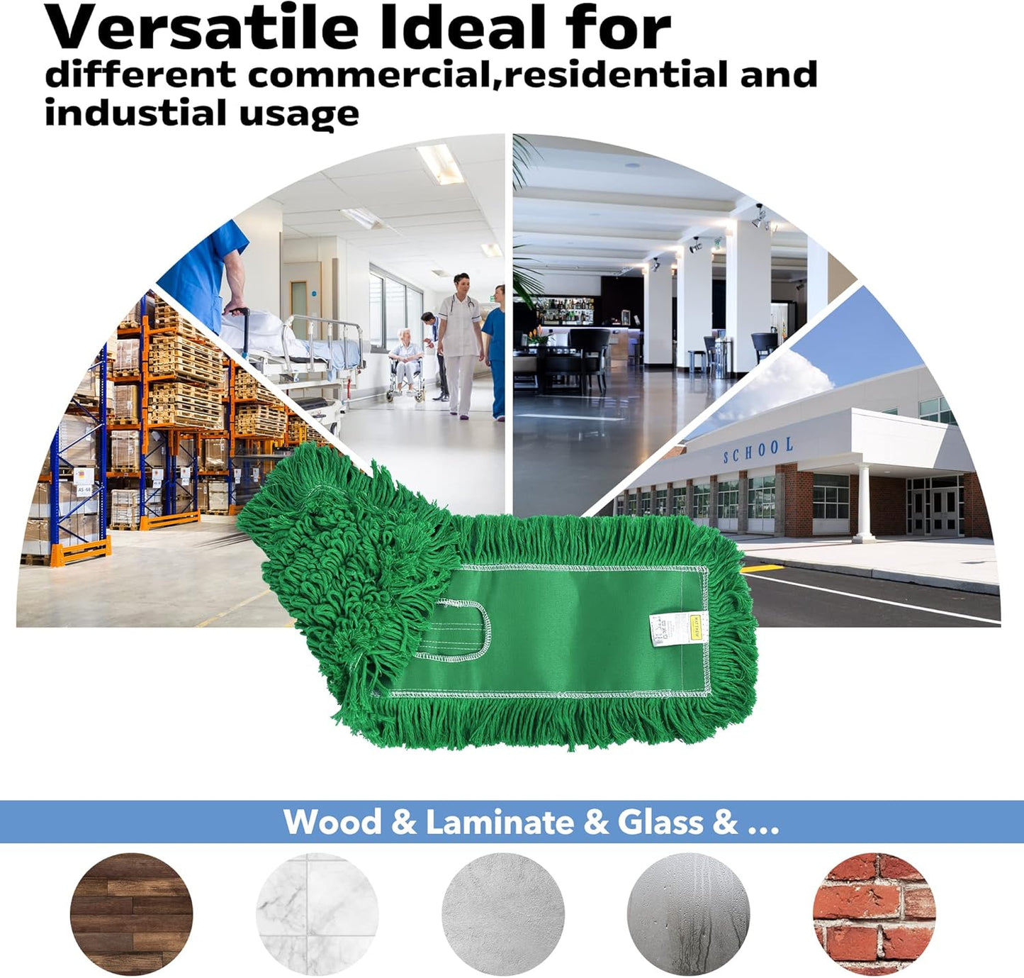 Matthew Cleaning 24'' Industrial Strength Cotton Dust Mop Refill Washable Replacement Heads for Residential & Commercial Use Fit Standard Dust Mop Frames, Hardwood,Concrete Floors Green 3 Pack