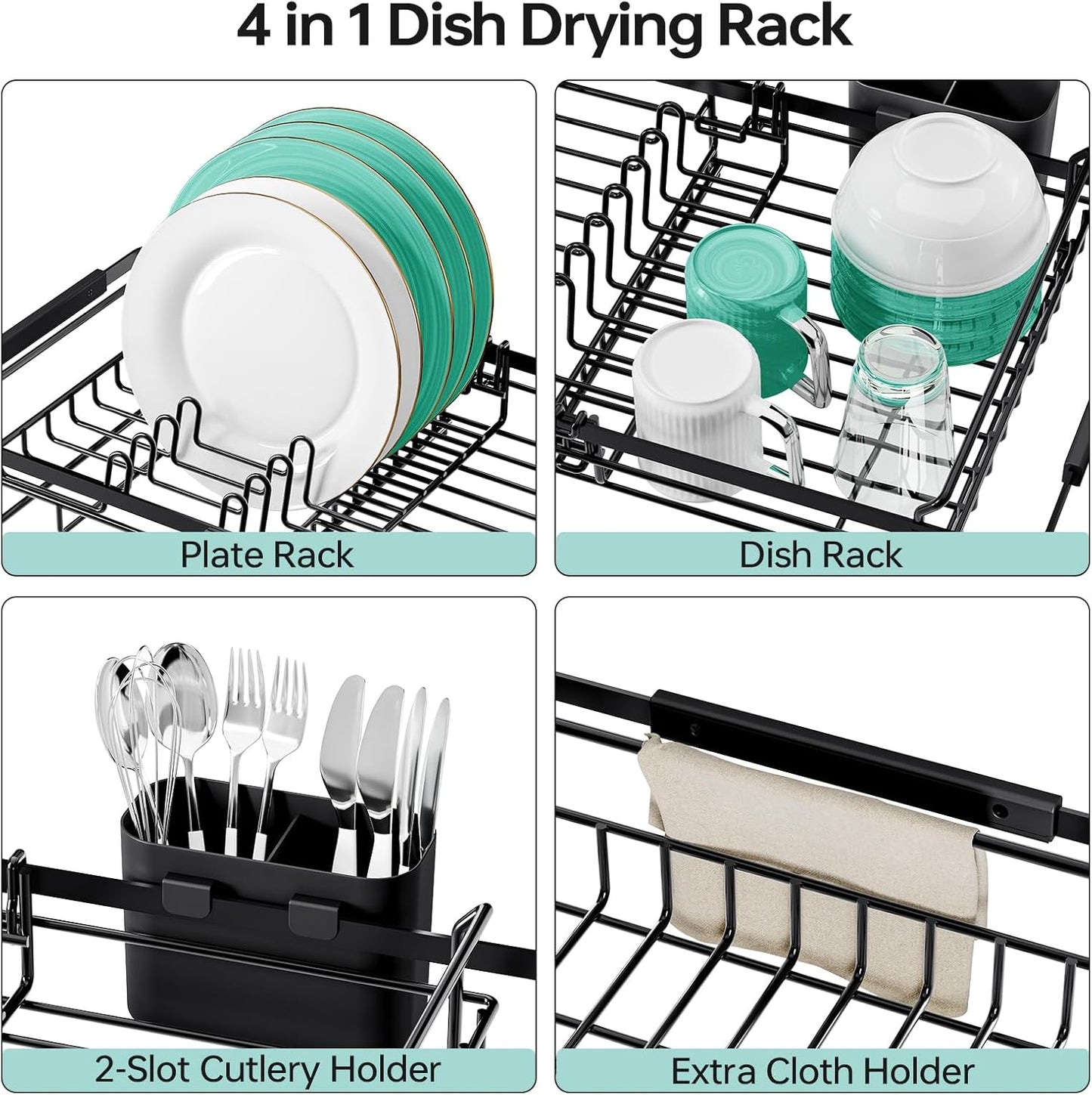 Dish Drying Rack in Sink - Expandable (14.5''-18''L) Over The Sink Dish Rack with Utensil Holder, Space-Saving Dish Drainer for Kitchen Counter, 1 Piece, Matte Black