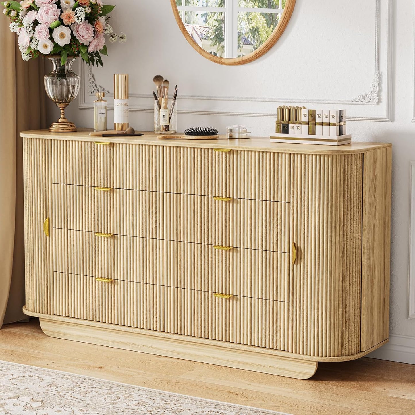 63" Tambour Dresser for Bedroom with 8 Drawers, Modern Chest of Drawers with Sliding Doors & 4 Shelves, Fluted Dresser Storage Organizer for Bedroom, Closet, Living Room(Natural)