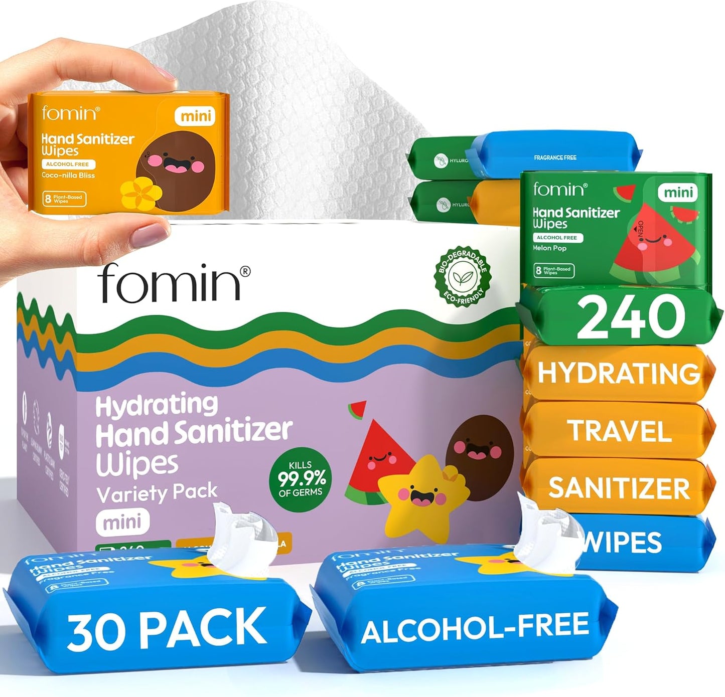 Fomin Mini Hand Sanitizer Wipes 30 Pack (8 Count) - Variety Pack Mini Wet Wipe - pH Balanced, Biodegradable, Antibacterial On The Go Hand Sanitizing Wipes - Hypoallergenic, Plant-Based Travel Wipe