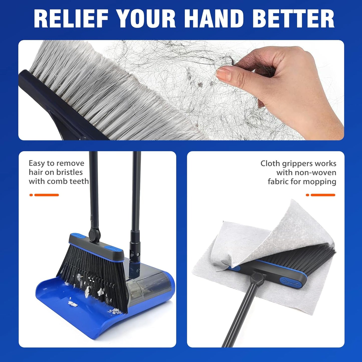 JEHONN Broom and Dust Pan, Upgraded Large Foldable Dustpan with Comb Teeth, 53.5 inches Long Handle Swivel Brush Indoor for Home Kitchen Lobby Floor Cleaning (Blue)