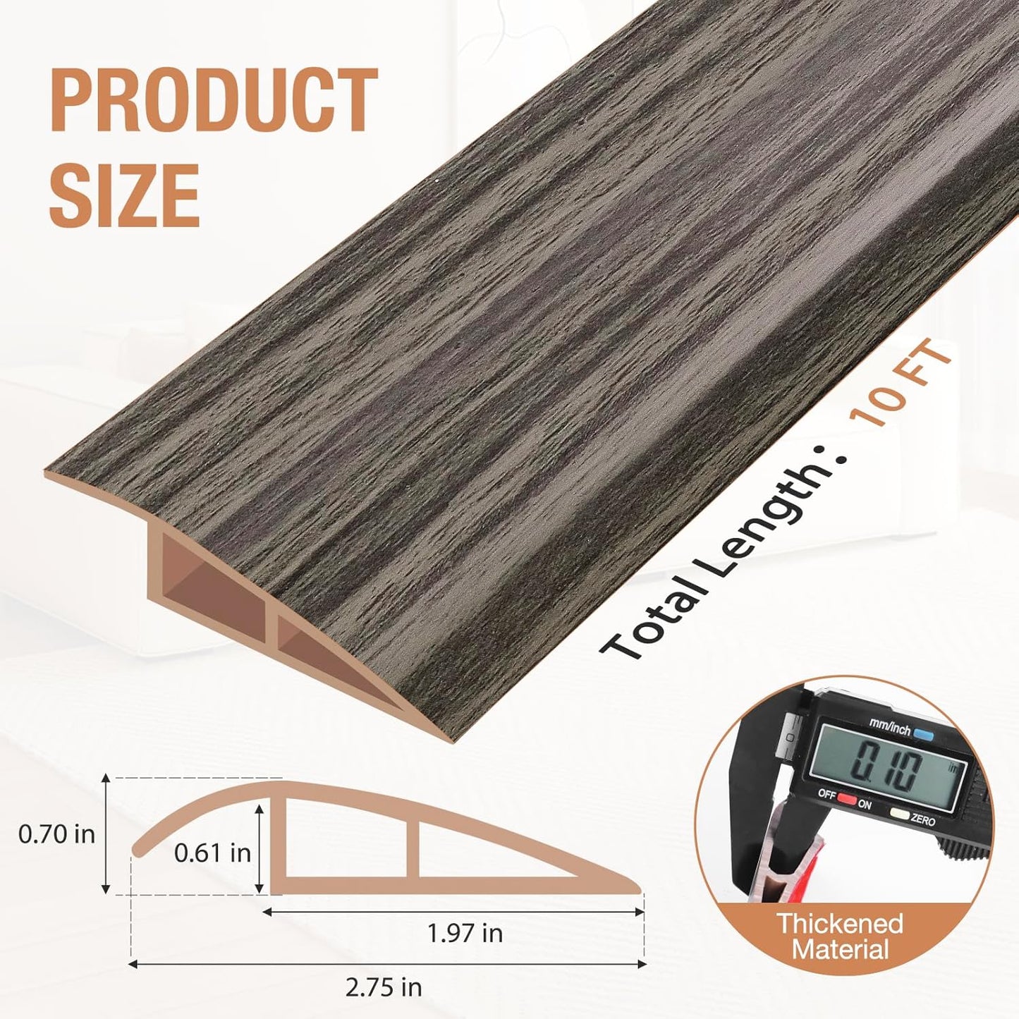 Floor Transition Strip Self Adhesive Vinyl Door Threshold for Doorways Carpet Edging Trim Overlap Edge Reducer for Laminate Floor, Carpet, Tile (Grayish Brown Wood Grain, 2/5" to 3/5", 10Ft)