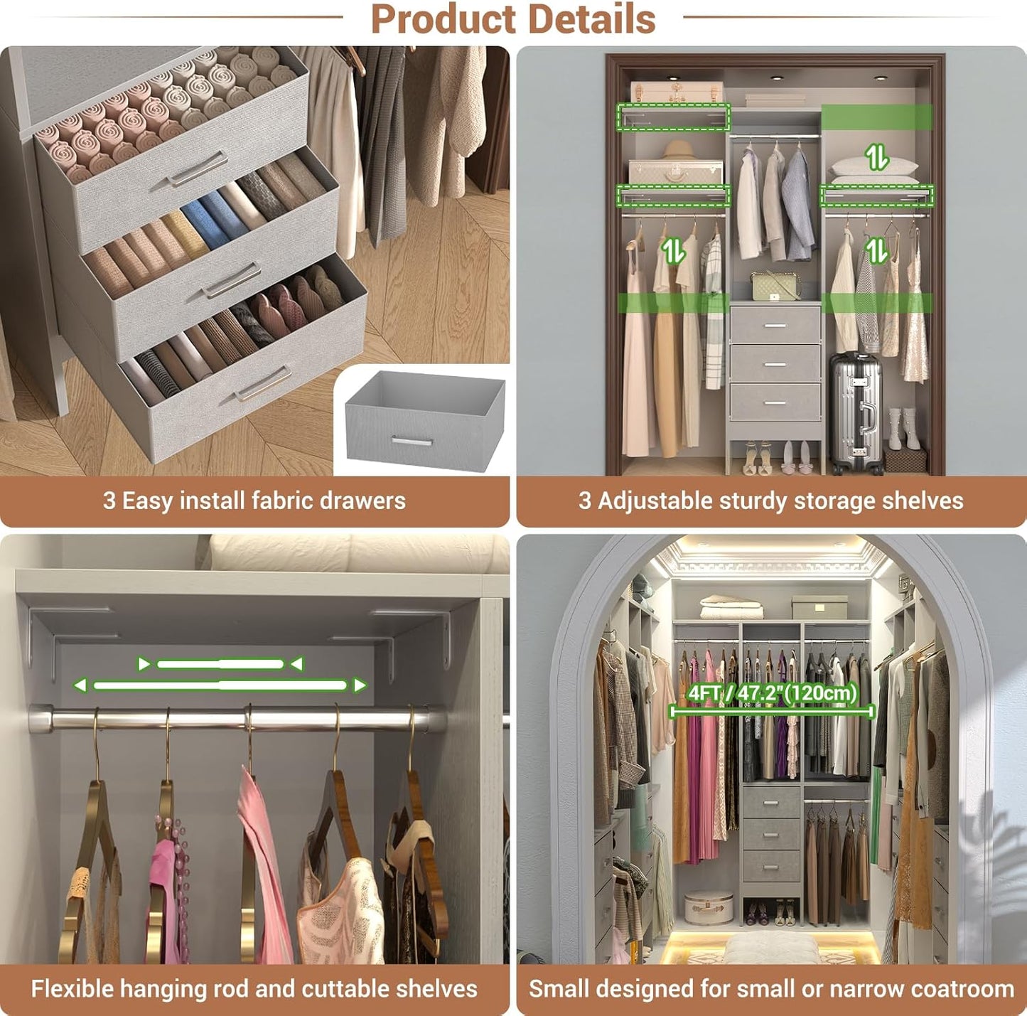 4FT Small Closet System with 3 Fabric Drawers, 48'' Closet Organizer System With 3 Adjustable Shelves, Flexible Built-In Clothes Garment Rack for Small Space, 48" L x 13" W x 71" H, Grey