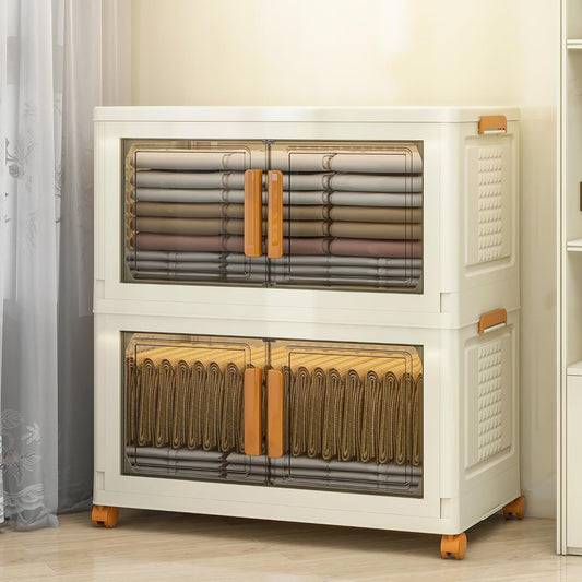 2 Tier Extra Large Stackable Storage Bins with 1 Lid 155 QT/Tier, Collapsible Plastic Box Storage with Wheels, Home Containers Boxes Closet Organizers for Living Room, Office, Dorm