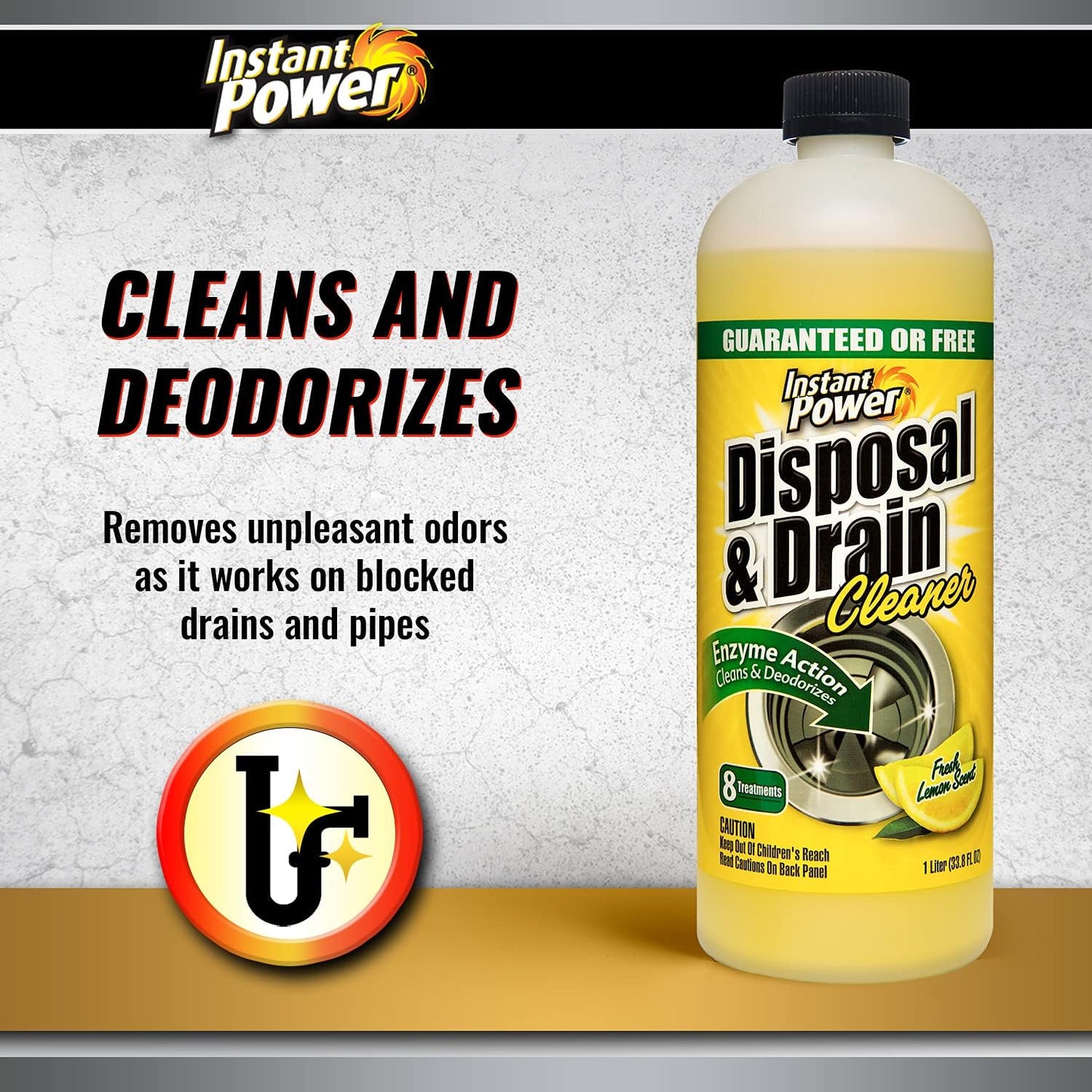 Instant Power Disposal and Drain Cleaner – Liquid Enzyme Clog Remover, Cleans and Deodorizes, Removes Drain Blockages, Fresh Lemon Scent, 33.8 Fl oz, 1 Liter