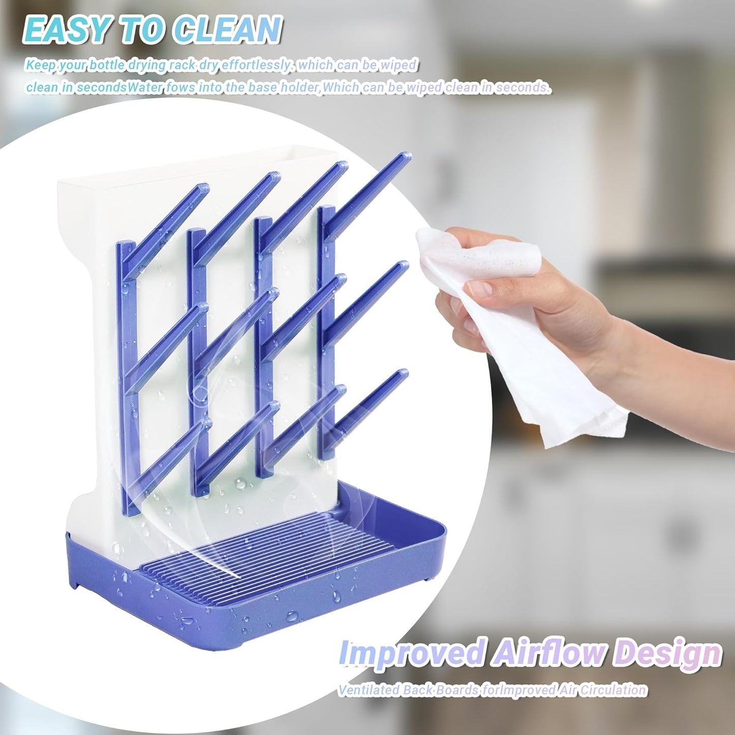 Baby Bottle Drying Rack: Vertical Space Saving Standing Bottle Organizer for Countertop – Holds Glass Baby Bottles, Utensils, Pump Parts, Brushes & Pacifiers, Kitchen – Premium Material (1, Blue)