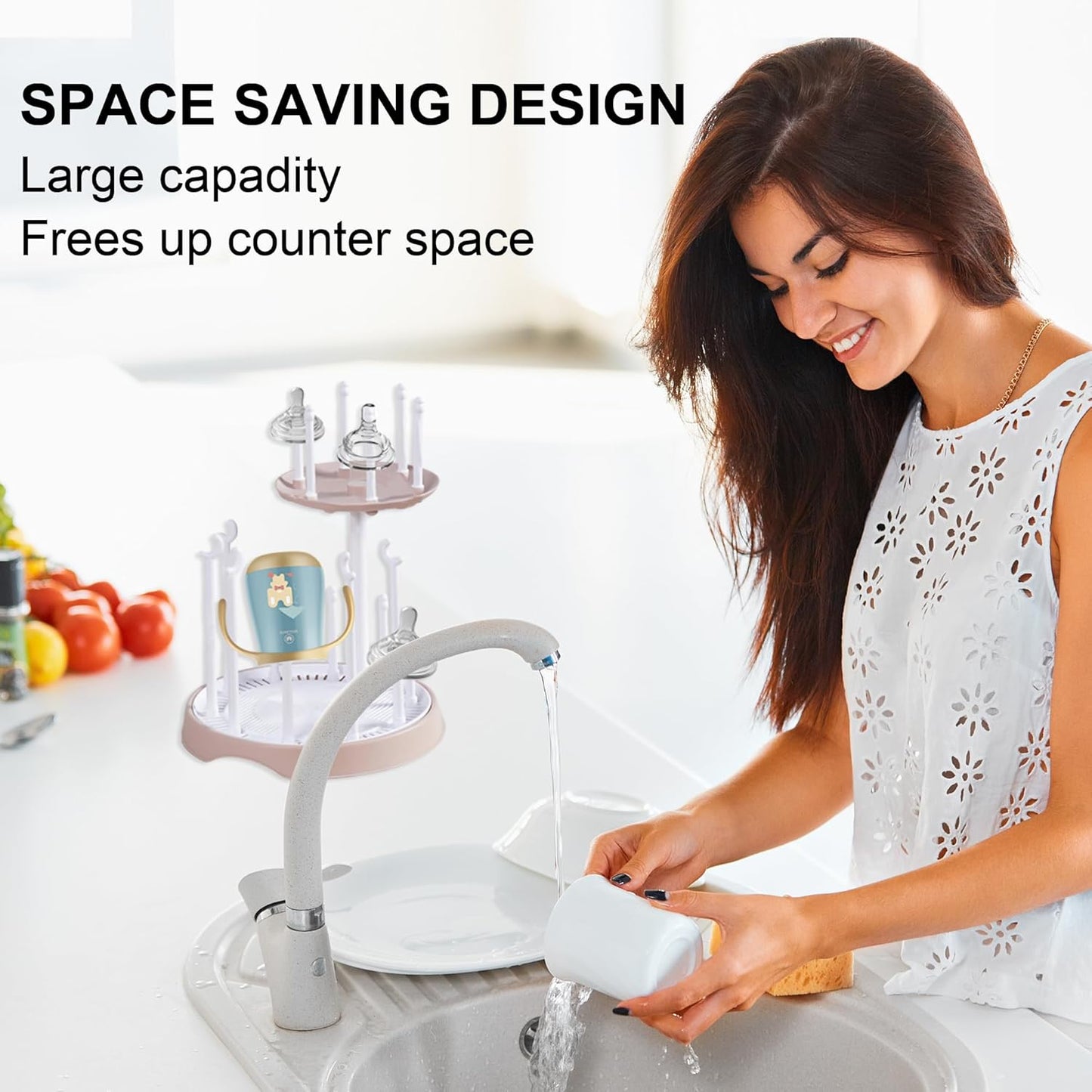 Baby Bottle Drying Rack,Double-Layer Bottle Drying Rack,Hold Up to 16 Baby Bottles,Suitable for Indoor, Kitchen, Living Room（Pink Lotus Root）