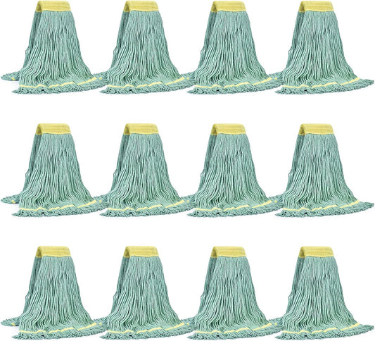 Matthew Cleaning Commercial Mop Head Replacement, 5 Inch Wide Headband, Looped End Cotton Blend String Wet Mops for Floor Cleaning, 24 oz Large, Case Pack 12 Pcs Green