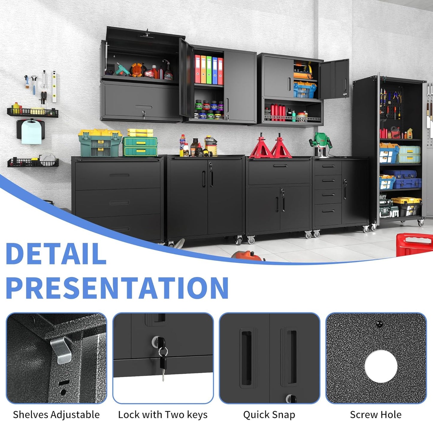 Garage Wall Cabinet with Doors and Shelves, Metal Wall Mounted Storage Cabinet with Lock, Hanging Tool Cabinet for Garage Utility Room, Black