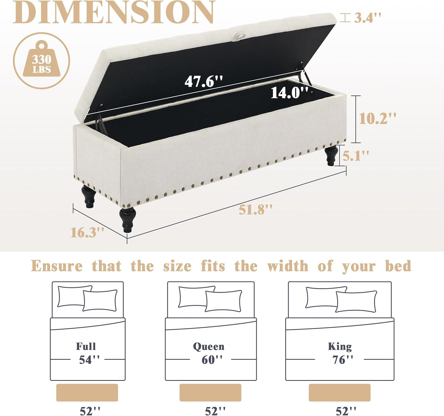 50" Storage Ottoman Bench, Tufted Ottoman with Storage for Living Room, Large End of Bed Ottomans, Modern Entryway Benchs, Window & Bedroom Benches for Foot of Bed (Light Beige)