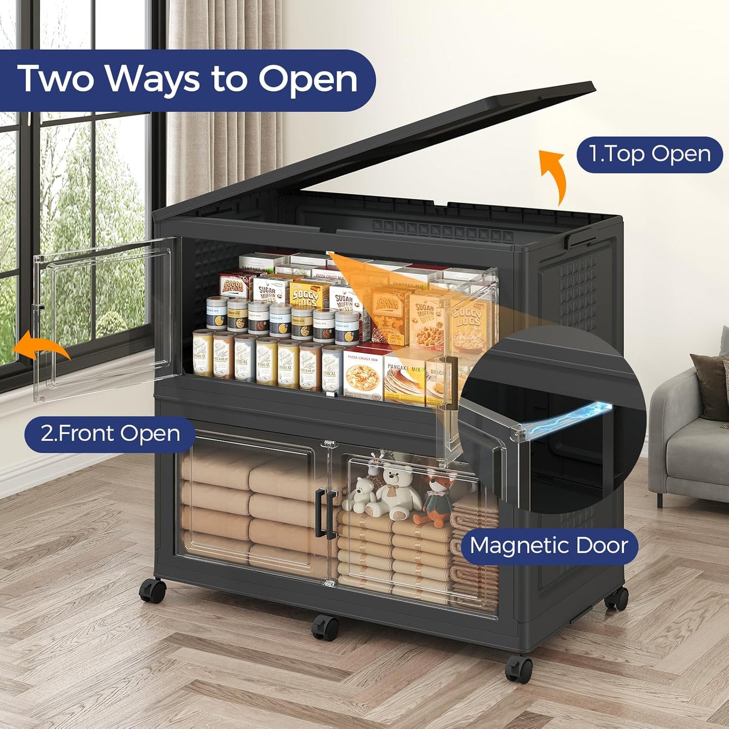 150GAL Storage Bins with Lid and Wheels, Stackable Closet Organizers and Storage Drawer, Collapsible Storage Box with Dividers, Foldable Plastic Cabinets Cubes Totes for Garage, 3 Pack Black