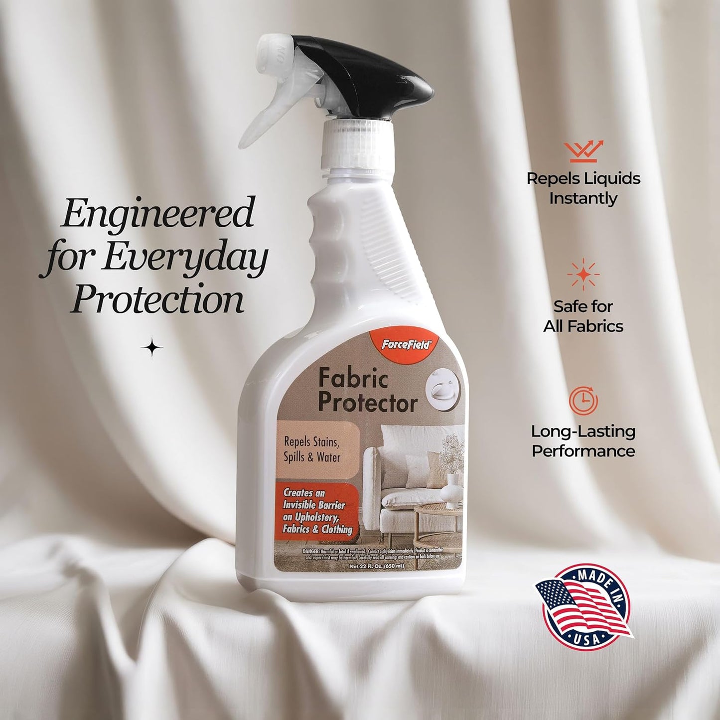 ForceField Fabric Protector Spray – Long-Lasting, Non-Toxic Water & Stain Repellent – Safe for All Fabrics – Indoor & Outdoor Use – 22 oz
