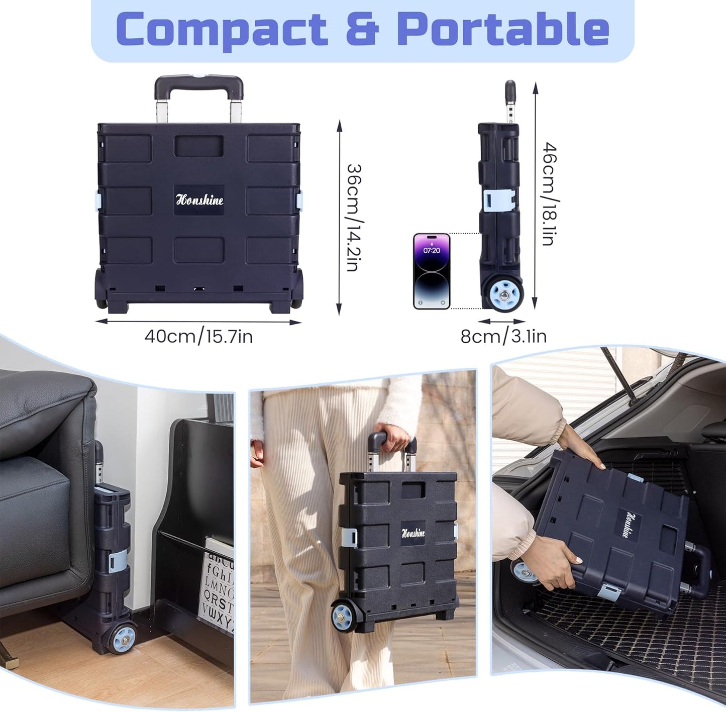 Collapsible Rolling Crate on Noiseless Wheels: Portable Utility Cart for Shopping Teacher Laundry (Blue)