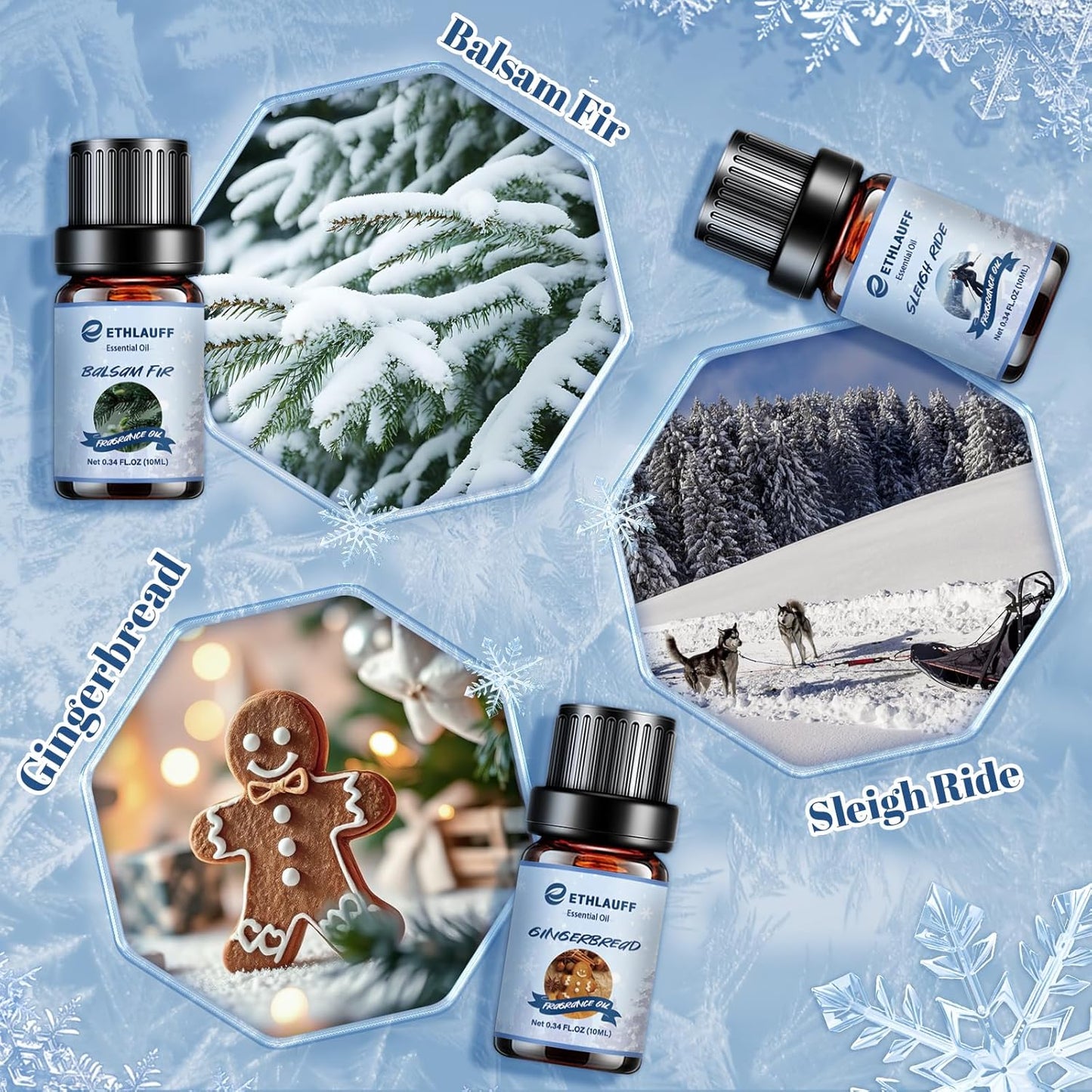 Essential Oils Set, Winter, Warm Woollen Blanket, Balsam Fir, Snow Walk, Sleigh Ride, Gingerbread