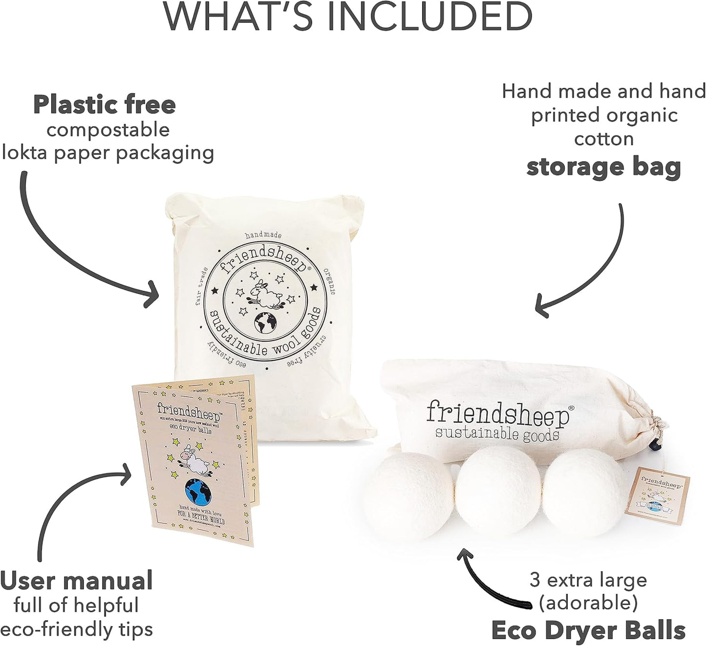 Friendsheep Wool Dryer Balls, Organic Reusable Fabric Softener Alternative for Laundry, Handmade, Fair Trade, Hypoallergenic, Eco-Friendly, Plastic-Free (3 Pack XL – White Trio)