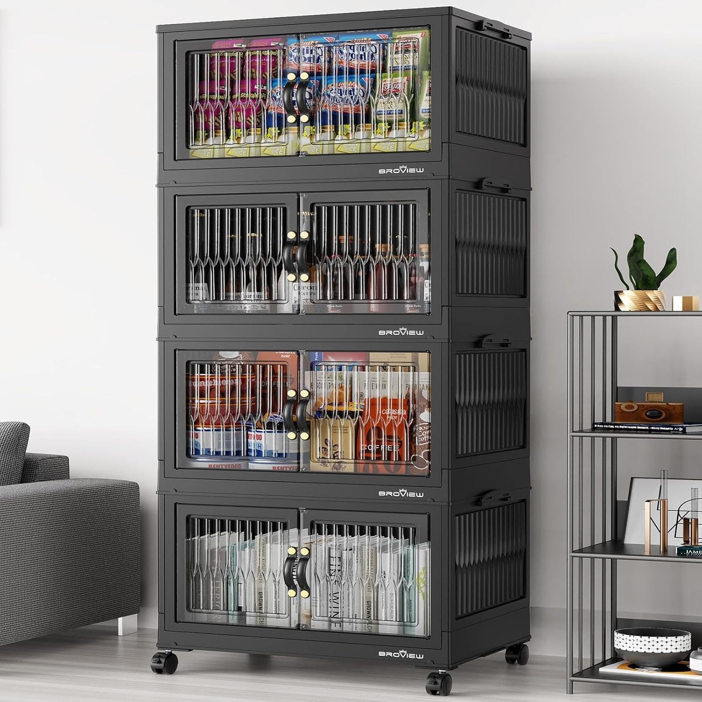 BROVIEW 320Qt Stackable Storage Bins with Lid, Extra Large Closet Organizer Collapsible Drawer Boxes with Wheels, Folding Plastic Cabinet Containers for Home Kitchen Room Organization, 4Pack Black