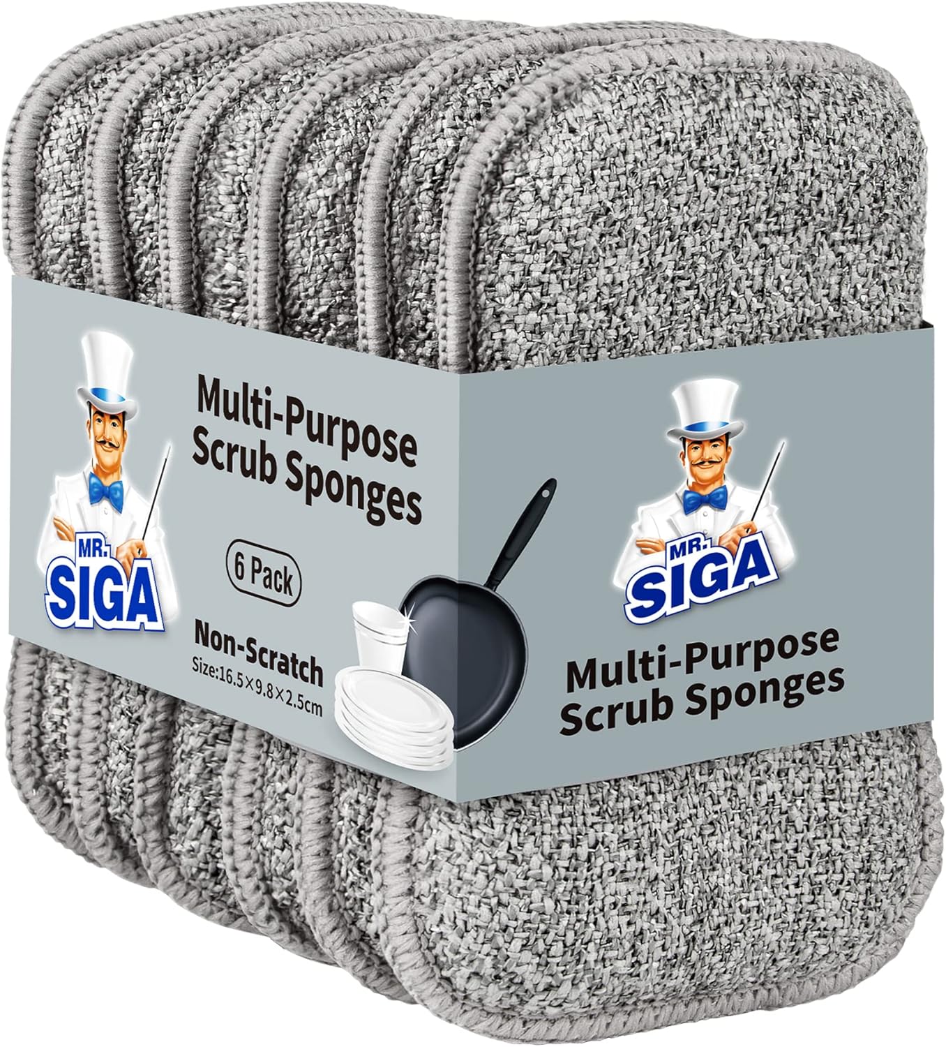 MR.SIGA Dual-Sided Scrub Sponges, Long lasting, Reusable Dishwashing Sponges for Kitchen, 6 Pack