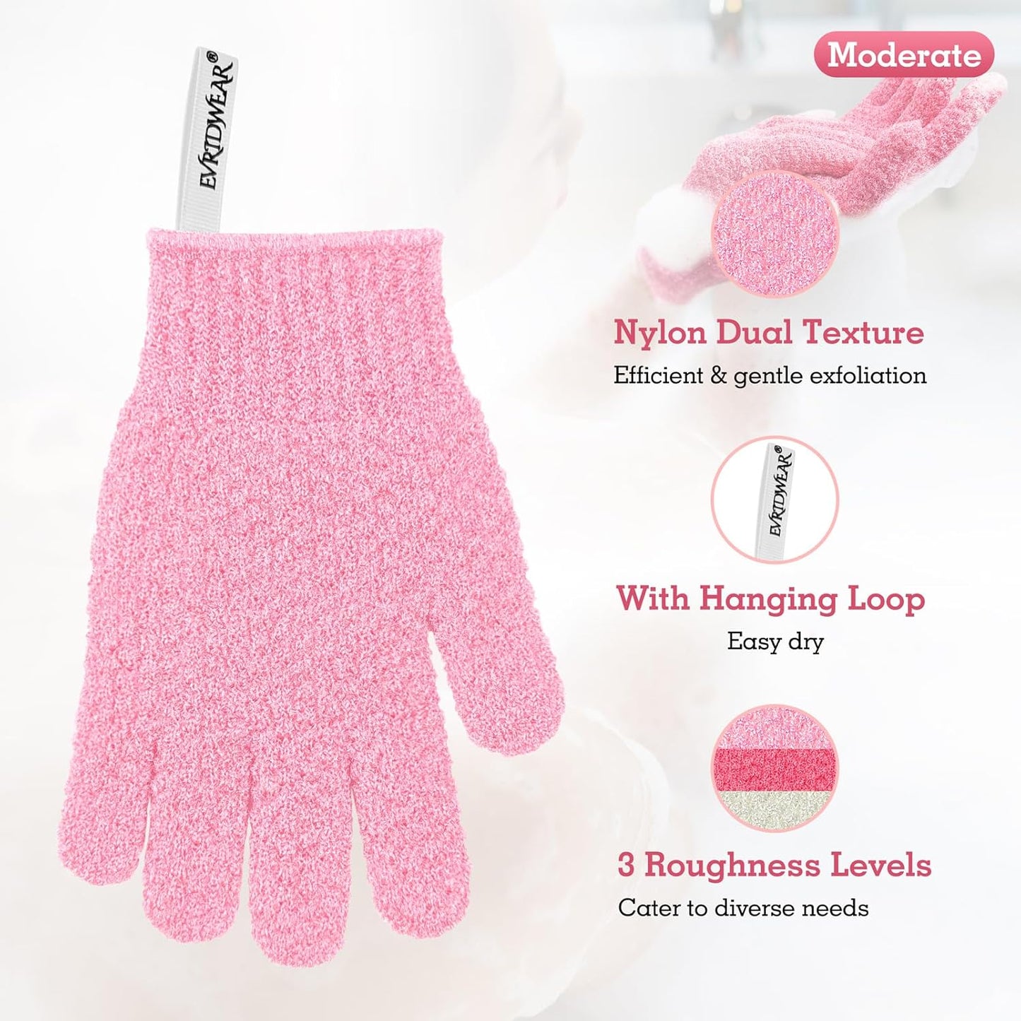 Evridwear Exfoliating Gloves for Shower, 100% Nylon Thick Soft Medium Heavy Bathing Gloves Dead Skin Remover Body Scrubber Smooth Skin with Hang Loop, 3 Pairs Moderate Pink