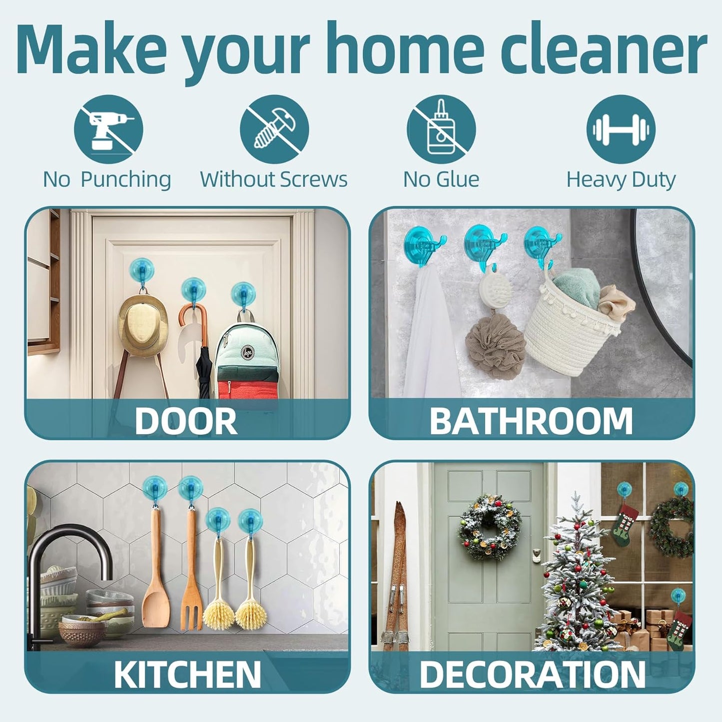 Antimbee 3 Pack Suction Cup Hooks, Clear Shower Suction Hanger, Removable Reusable Bathroom Suction Hooks for Window, Tile Wall, Glass Door-Up to 11 lbs on Smooth Surface (Transparent Cyan)