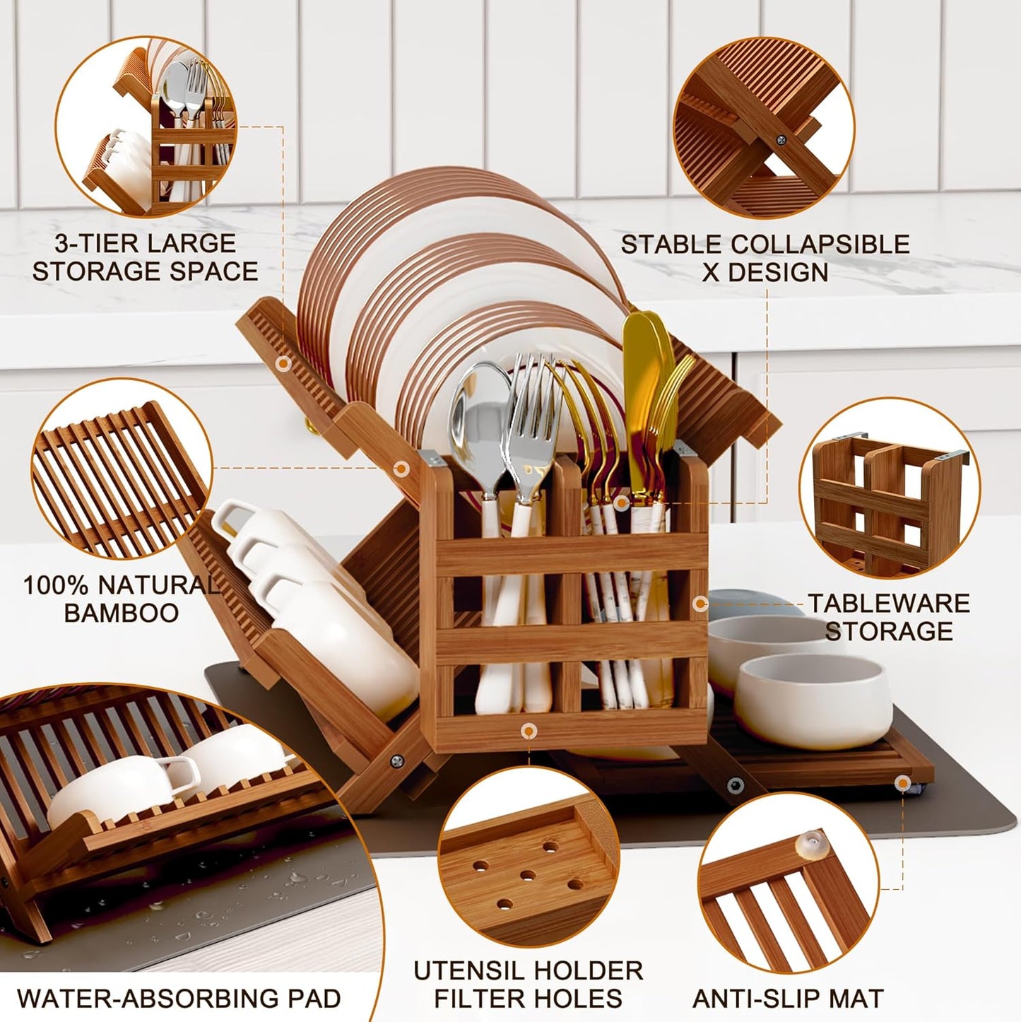 Greenual Teak Dish Drying Rack with Utensil Holder, 3 Tier Collapsible Dish Rack, Wooden Dish Racks for Kitchen Counter, Large Folding Drying Holder with Absorbent Dish Drying Mat